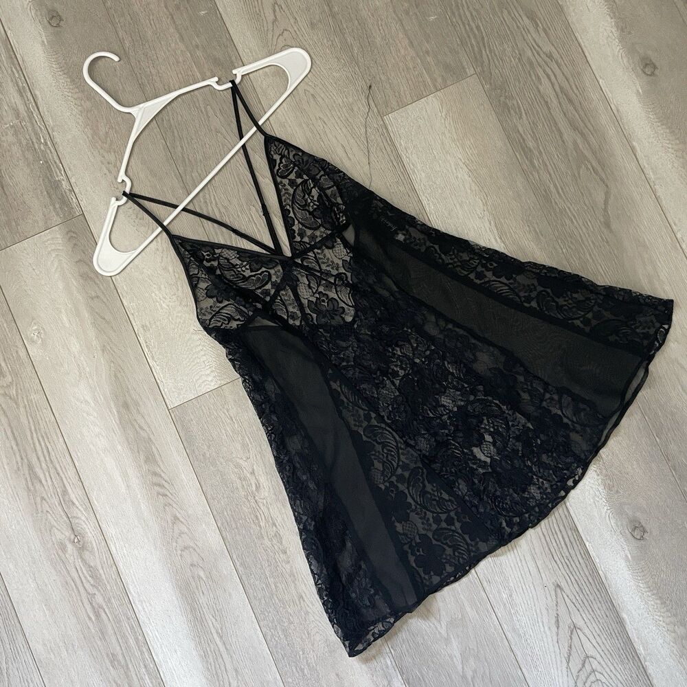 Fredericks Slip Dress lingerie sheer lace mesh mini womens Black (medium) sexy